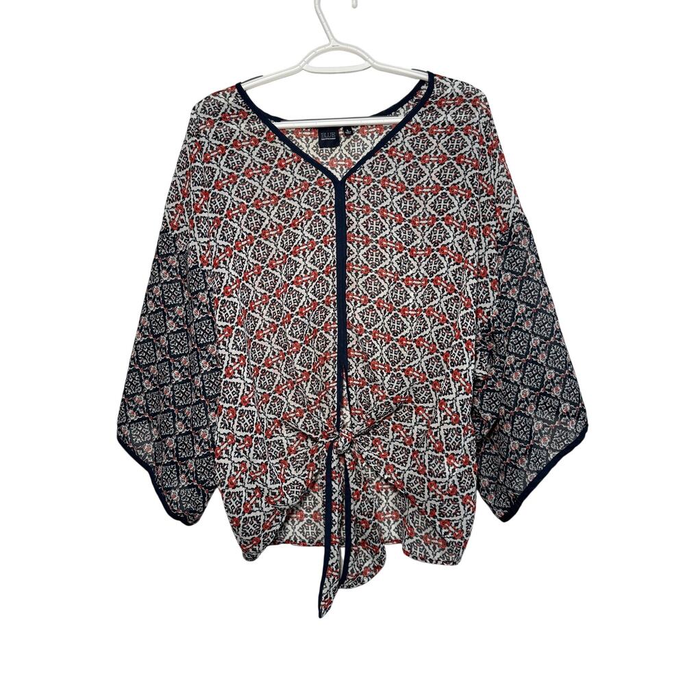 Blue Saks Fifth Avenue geometric sheer blouse kimono womens large‎ fairy boho